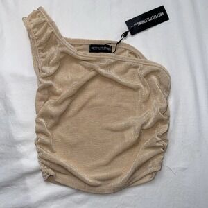PrettyLittleThing Gold Shimmer One Shoulder Crop Tank Top Womens Sz 4